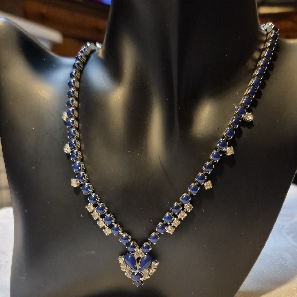 Vintage Blue and Clear Rhinestones Set In Silver Tone Necklace